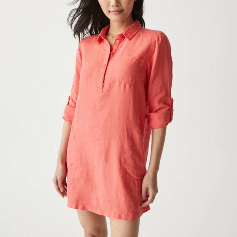 Michael Stars Eleanor 100% Linen Mini Shirt Dress in Coral Pink SZ XS Boho Beach